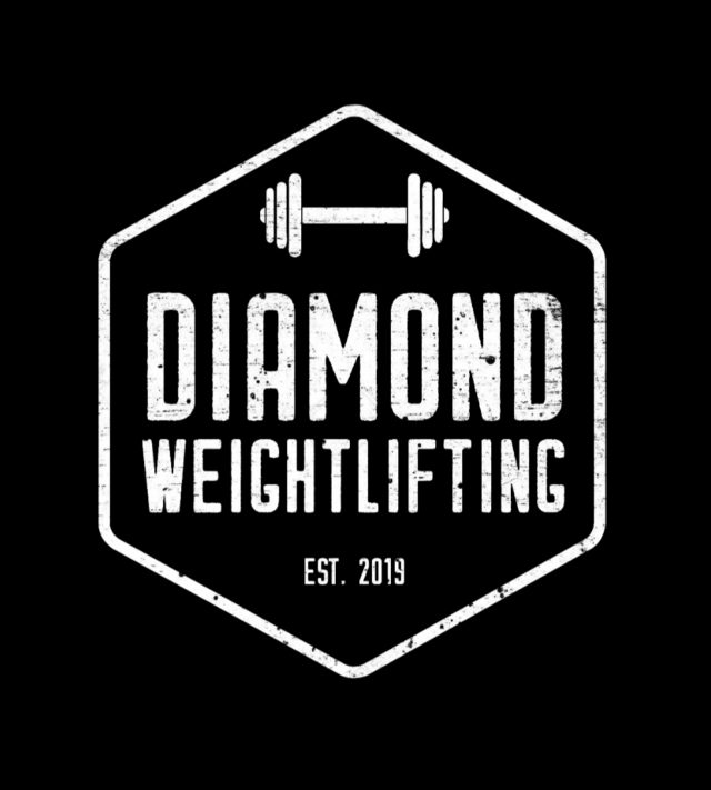 Diamond Weightlifting Logo in a diamond shape, white writing and dumbbell image