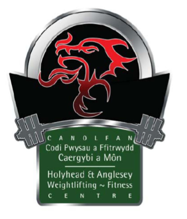 Hawfc logo, red dragon on black background above a silver weightlifting bar, and green badge with white writing