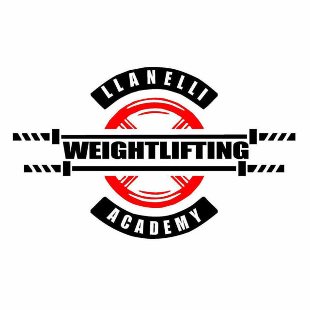 Llanelli weightlifting academy logo, in red and black, with weightlifting bars in black and a red disk